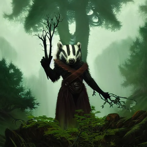 Image similar to Badger nature mage, portrait, forest, magic, magic the gathering artwork, D&D, fantasy, cinematic lighting, centered, symmetrical, highly detailed, digital painting, artstation, concept art, smooth, sharp focus, illustration, volumetric lighting, epic Composition, 8k, art by Akihiko Yoshida and Greg Rutkowski and Craig Mullins, oil painting, cgsociety