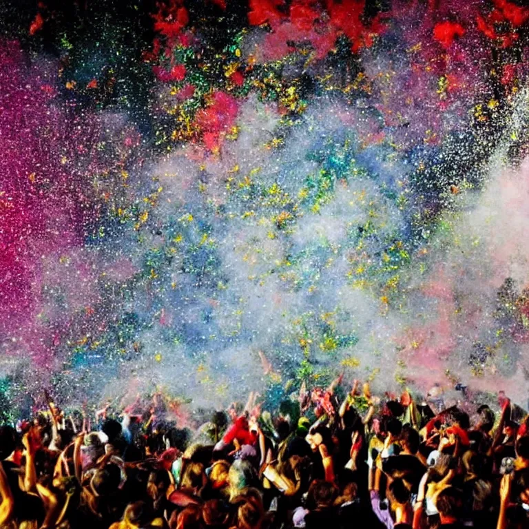 Image similar to huge explosion with mushroom cloud, glitter bomb, paint splatters, crowd of people get covered in paint and glitter