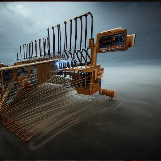 Image similar to a loom machine that weaves and creates the clouds, asthetic, 8K, concept art, highly detailed, hyper-realistic, polished, artstation, unreal engine