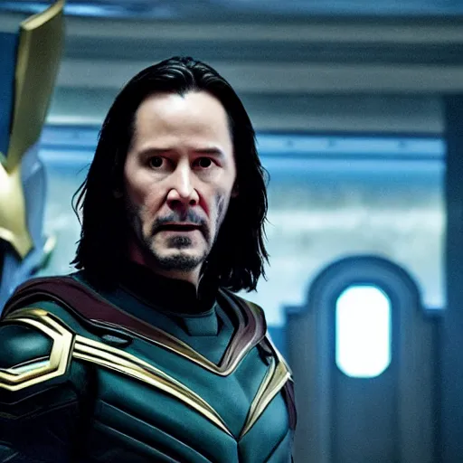 Image similar to film still of Keanu Reeves as Loki in Avengers Endgame