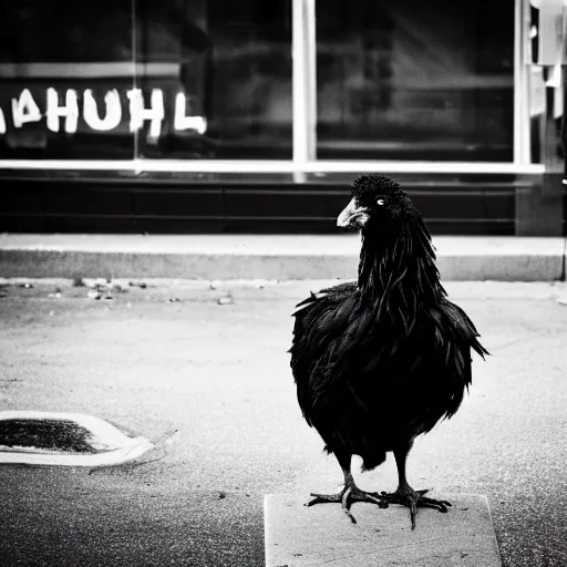 Image similar to dramatic photo of an emo chicken sitting at a bus stop, heartbreaking, emotional, black and white, focal point, closeup, inspirational.