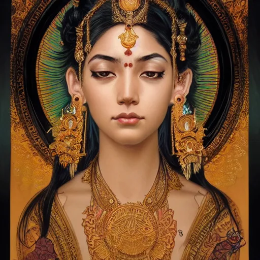 Image similar to Portrait of an hindu goddess with black hair, 3c, asian, dark art, D&D, fantasy, intricate, elegant, highly detailed, digital painting, artstation, concept art, matte, sharp focus, illustration, art by Artgerm and Greg Rutkowski and Alphonse Mucha