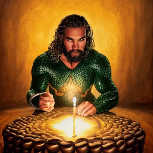 Image similar to intricate five star portrait of aquaman blowing the candle at his birthday, oil on canvas, hdr, high detail, photo realistic, hyperrealism, matte finish, high contrast, 3 d depth, centered, masterpiece, grainy, muted colors, enhanced light effect, enhanced eye detail, artstationhd