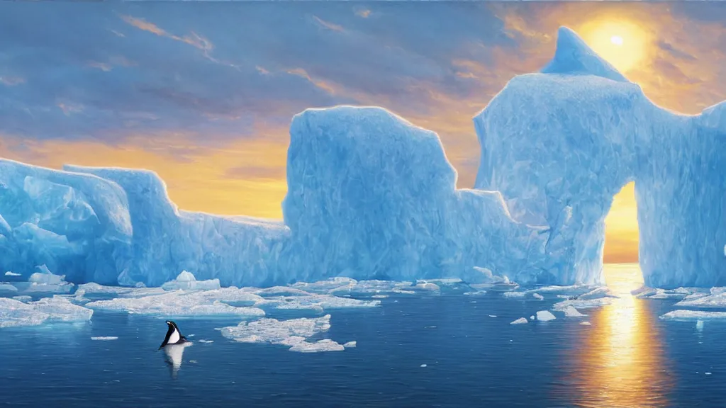 Image similar to the most beautiful panoramic landscape, oil painting, where a giant iceberg is lost in middle of the artic ocean, a giant penguin is exhaling steam while walking over the iceberg, the artic ocean is reflecting the giant penguin over the iceberg and the ray lights of the sunset are brightening him, by greg rutkowski