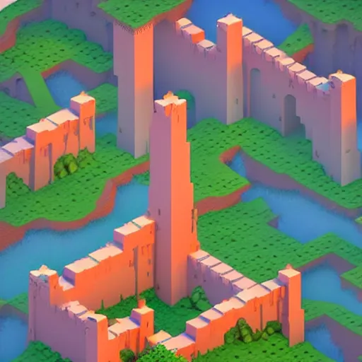 Image similar to a stunning minimalist isometric view of a fantasy castle deep within a vast cave, spiralling waterfalls and beautiful plants, intricate details, voxel art in the style of monument valley