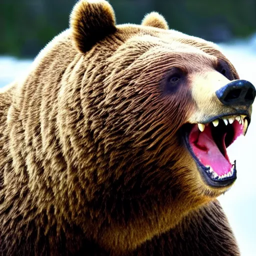 Image similar to close up of bear with and open mouth 3 ribs in between its teeth, frightening, disturbing