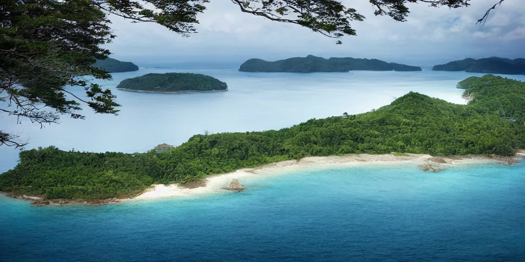 Prompt: National Geographic photograph of a forested island. Ocean in the background. Realistic.