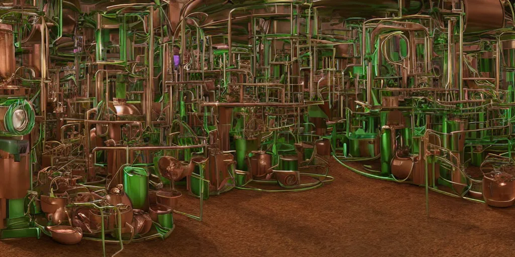 Prompt: machine apparatus for making snake oil, huge copper machine fed by a hopper of purple snakes, green pipework, art by glenn fabry and wayne barlowe, barrels of snake oil in a hermetically sealed production line, artificial lighting, film still from the family medicine depot movie 3 d, 8 k