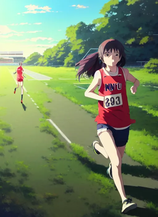 Prompt: portrait of high school runner girl, sunny sky background stadium landscape illustration concept art anime key visual trending pixiv fanbox by wlop and greg rutkowski and makoto shinkai and studio ghibli and kyoto animation red sports clothing marathon race running shoes sponsors