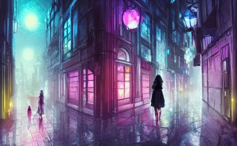 Image similar to A gothic girl is walking through a futuristic city street at night, it is rainig. Fantasy and concept art, colorful digital painting.