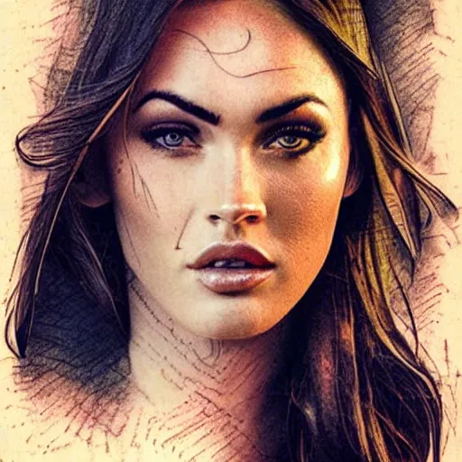 Image similar to tattoo design sketch with double exposure effect of megan fox face and beautiful mountain scenery, in the style of matteo pasqualin, amazing detail