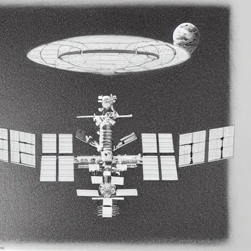 Prompt: a highly detailed graphite sketch of the international space station, with the sun reflecting off of it's windows, various refining methods