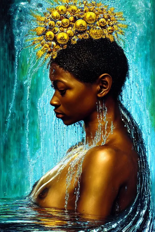 Image similar to hyperrealistic precisionist cinematic profile very expressive! oshun goddess, in water! john everett millais, mirror dripping droplet!, gold flowers, highly detailed face, digital art masterpiece, smooth eric zener cam de leon, dramatic pearlescent turquoise light on one side, low angle uhd 8 k, shallow depth of field