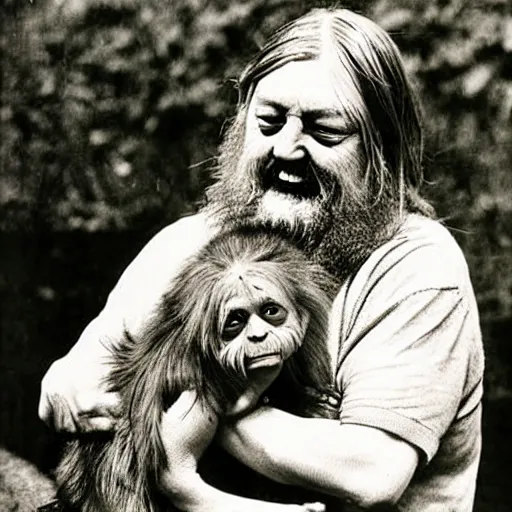 Image similar to robert wyatt cradling a hairy goblin like a baby, heartwarming photograph