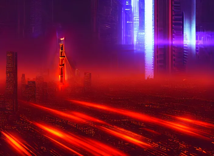 Image similar to cyberpunk scifi scene of san francisco skyline at night, golden gate bridge, artstation, matt painting, very detailed, maximalism, ambient occlusion, volumetric light, atmospheric haze, unreal engine, hyper realism, realistic shading, cinematic composition, realistic render, octane render, detailed textures, photorealistic, wide shot