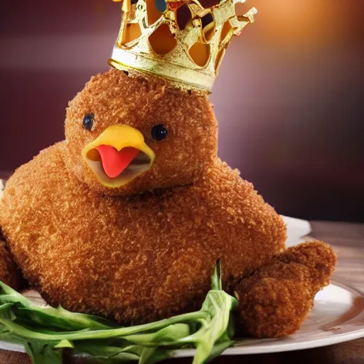 Prompt: standing breaded chicken with a crown of a king in top of it, holding a king staff, hyper realistic, 4k