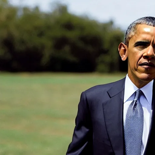 Image similar to Movie still of Barack Obama in a tan suit