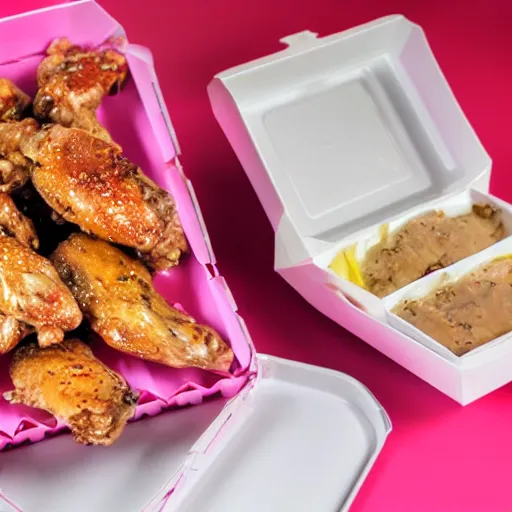 Image similar to a plate of moondust chicken wings in a pink styrofoam box, the styrofoam box is open, the wings are still warm, steam is emitting from them, hyperrealistic,