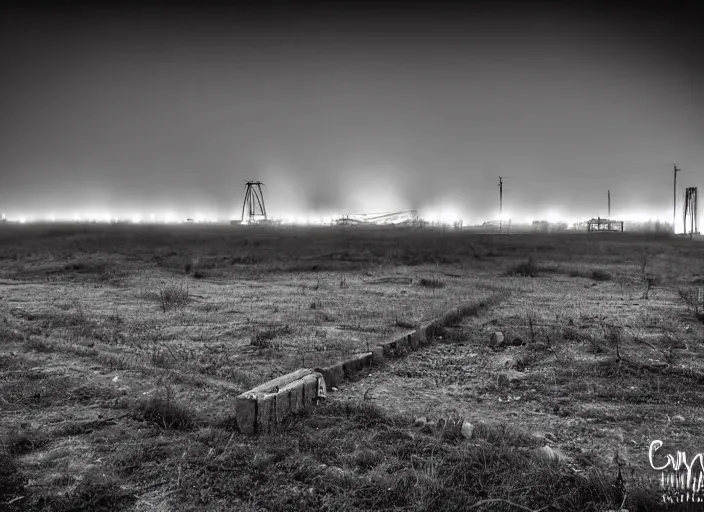 Prompt: high resolution black and white photography with a 3 5 mm f / 2 2. 0 lens of architectural building blocks bulgaria in the middle of a russian wasteland in the 8 0's in the middle of nowhere, there is fog and lights in the background. fine art photography and very detailed