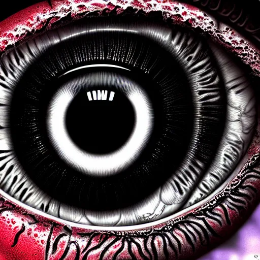 Image similar to a detailed extremely close up of inside the iris, cornea, red image, microscopic, extremely close up drawing by junji ito, cgsociety, generative art, lovecraftian, parallax, cosmic horror, extremely detailed, hyperrealism, unreal engine, octane render, award winning, masterpiece, highly detailed, realistic, 4 k, digital