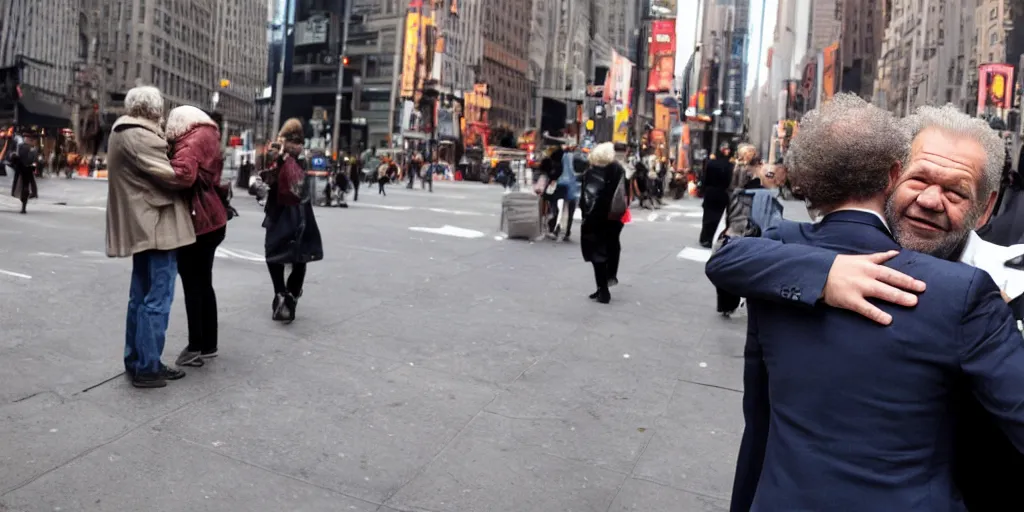 Prompt: Alan Sugar offering free hugs to people in the street, NYC, kindness