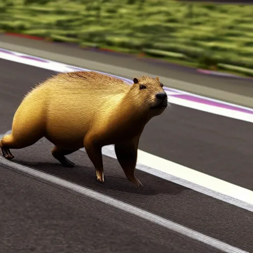 Image similar to sportscar driver capybara, racing in grand prix, hd render