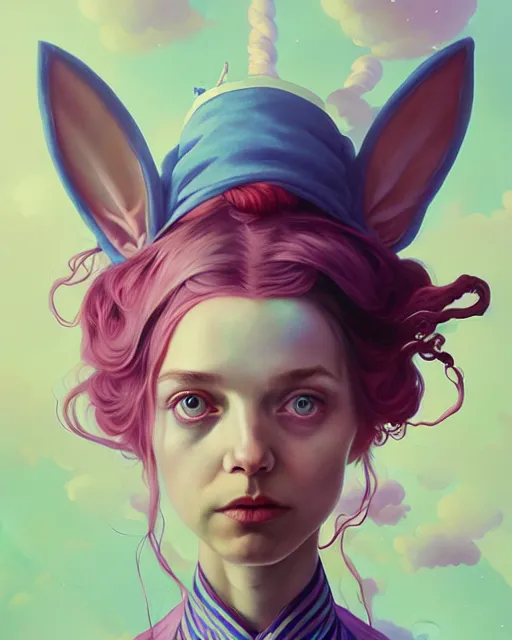 Image similar to highly detailed surreal vfx portrait of a alice in a wonderland, stephen bliss, unreal engine, greg rutkowski, loish, rhads, beeple, makoto shinkai and lois van baarle, ilya kuvshinov, rossdraws, tom bagshaw, alphonse mucha, global illumination, detailed and intricate environment