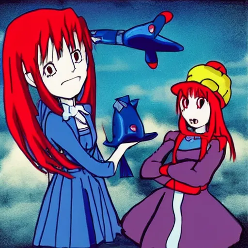 Prompt: “ red haired vampire maid yells at blue godzilla wearing a propeller hat anime artstyle ”