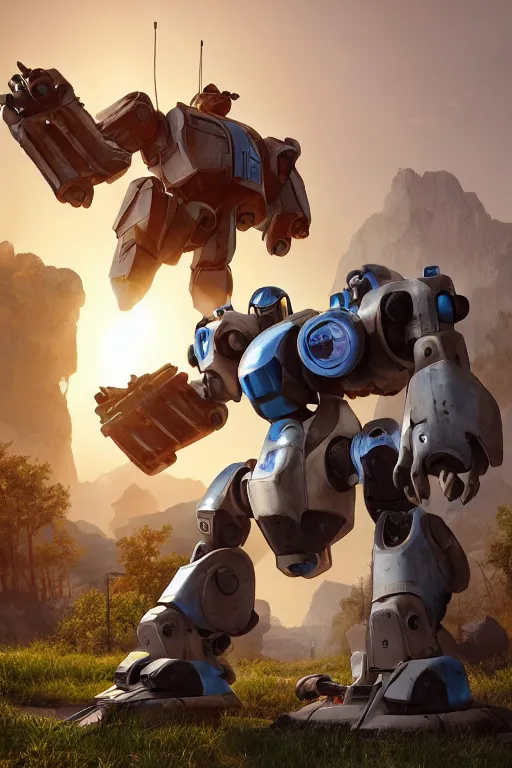 Image similar to mechwarrior 5 : mercenaries mech megaman transformer robot boss tank engine game octane render, 4 k, hd 2 0 2 2 3 d cgi rtx hdr style chrome reflexion glow fanart, global illumination ray tracing hdr fanart arstation by ian pesty by jesper ejsing pixar and disney unreal zbrush central hardmesh