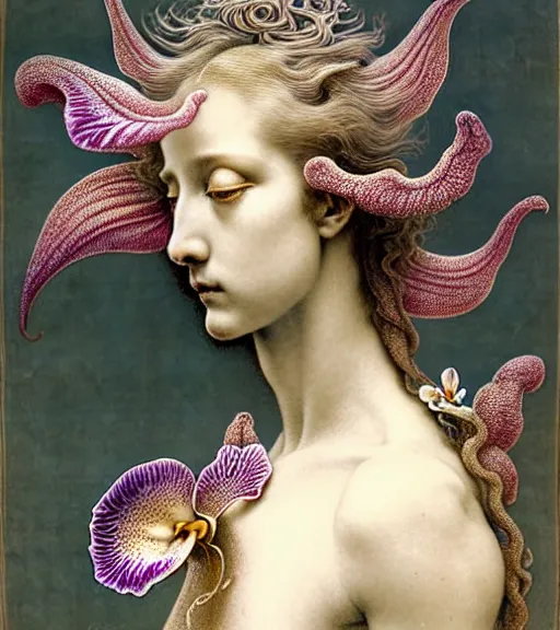 Image similar to beautiful young orchid fairy detailed realistic porcelain face portrait by jean delville, gustave dore, iris van herpen and marco mazzoni, art forms of nature by ernst haeckel, art nouveau, symbolist, visionary, gothic, neo - gothic, pre - raphaelite, fractal lace, intricate alien botanical biodiversity, surreality, hyperdetailed ultrasharp octane render