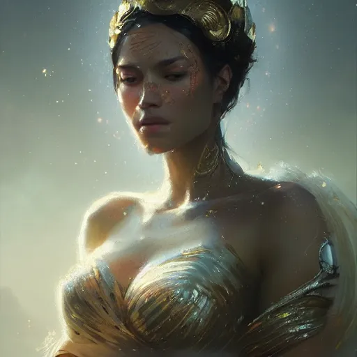 Image similar to a beautiful portrait of a goddess with glittering skin by greg rutkowski and raymond swanland, trending on artstation