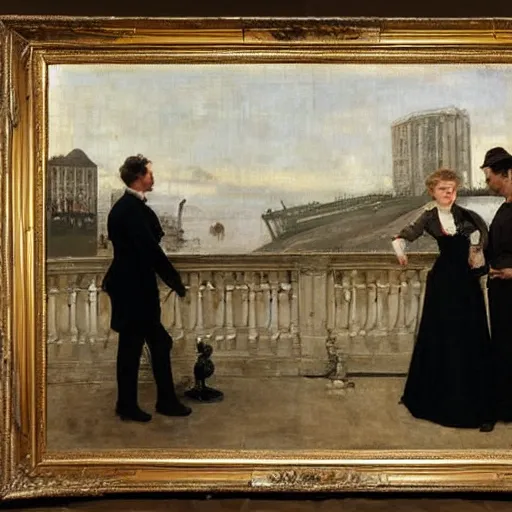 Prompt: young lady in ball gown and young worker in an old suit talking by alfred stevens