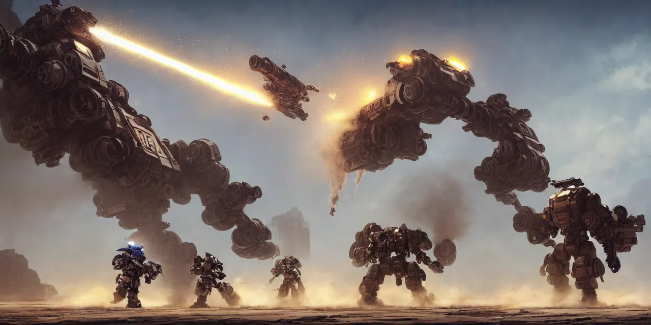 Prompt: Big dieselpunk robots fight against each other in a white desert with colorful powder explosions in the environment, by Andreas Rocha and Greg Rutkowski, and Martin Johnson Heade, colorful, epic, atmospheric, Titanfall mech, Metal Gear Mech, Warhammer mech, intricate, featured on artstation, golden ratio, f32, well composed, cohesive, 4k resolution