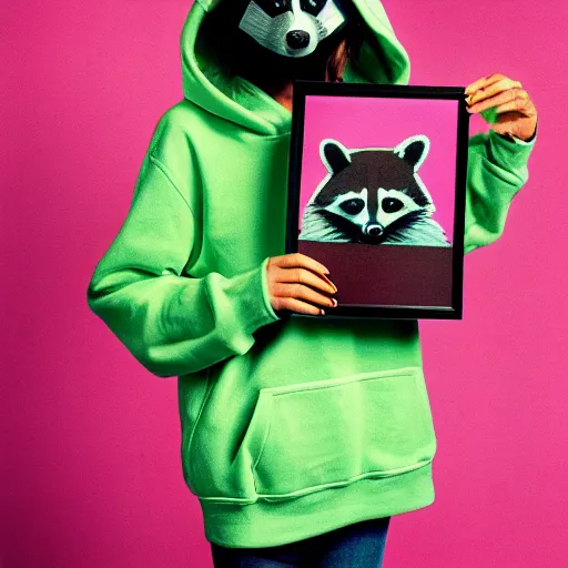 Prompt: medium shot, photo of a girl in a detailed hyperrealistic raccoon mask, wearing a green hoodie, holding a pile of vinyl records, 8 0 - s, polaroid photo, by warhol,