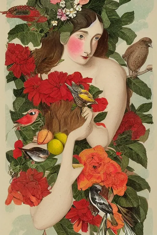 Image similar to beautiful girl Amalgamation with flowers, fruits, birds by Beto Val, John James Audubon, vintage illustration, bizarre compositions, Exquisite detail