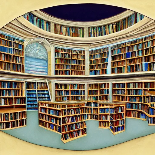 Prompt: beautiful vibrant painting of library in shape of human head, cross-section of human head with library inside trending on Artstation by James Gurney, high quality