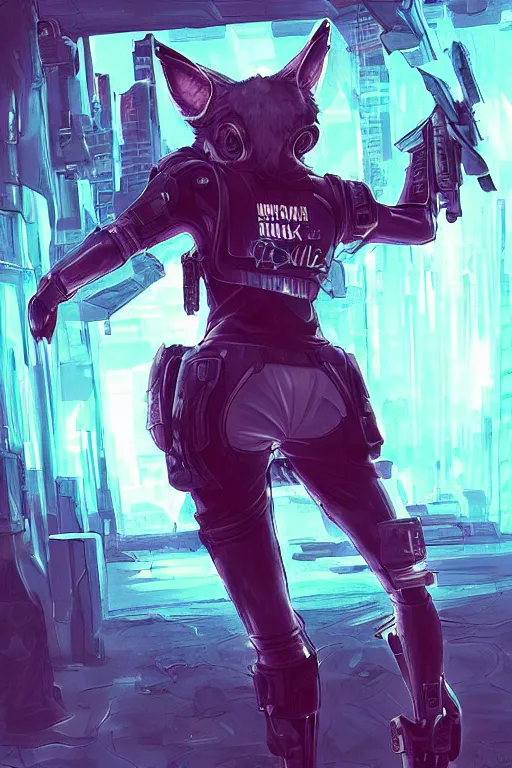 Image similar to an anthropomorphic cyberpunk fox, backlighting, trending on artstation, digital art, furry art, trending on furaffinity, fantasy art, by kawacy, view from behind