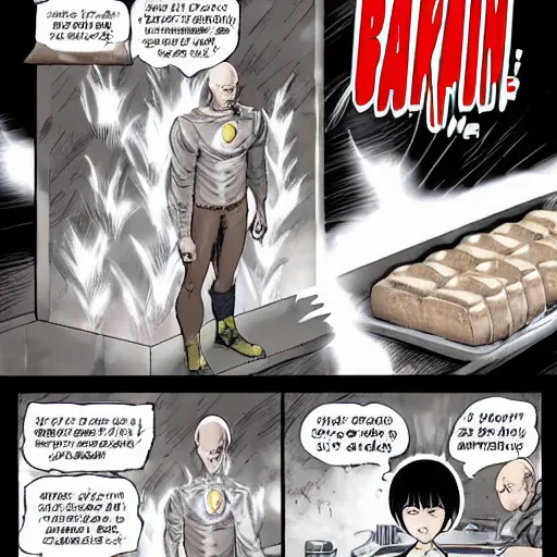 Prompt: one punch man baking bread, comic book manga