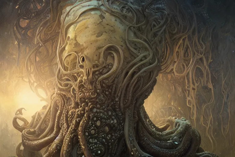 Image similar to a lovecraftian painting of cthulhu face of cosmic horror, cosmic horror elements, ultra realistic, concept art, intricate details, eerie, highly detailed, photorealistic, octane render, 8 k, unreal engine. art by artgerm and greg rutkowski and alphonse mucha