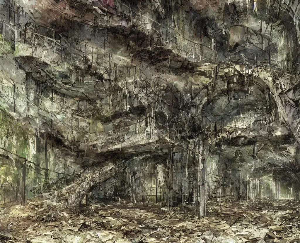 Image similar to a Dystopian post-apocalyptic painting of the abandoned tunnels of an overgrown arcology