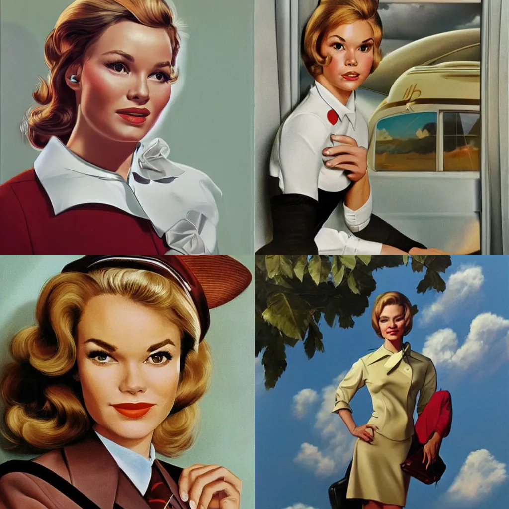 Prompt: Tuesday Weld as a TWA stewardess in 1964, concept art by Francine van Hove