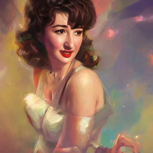 Prompt: Portrait of Milana Vayntrub as the heroine of a 1950s sci-fi movie poster art by Ruan Jia and Mandy Jurgens and Artgerm and william-adolphe bouguerea, highly detailed, trending on artstation, award winning,