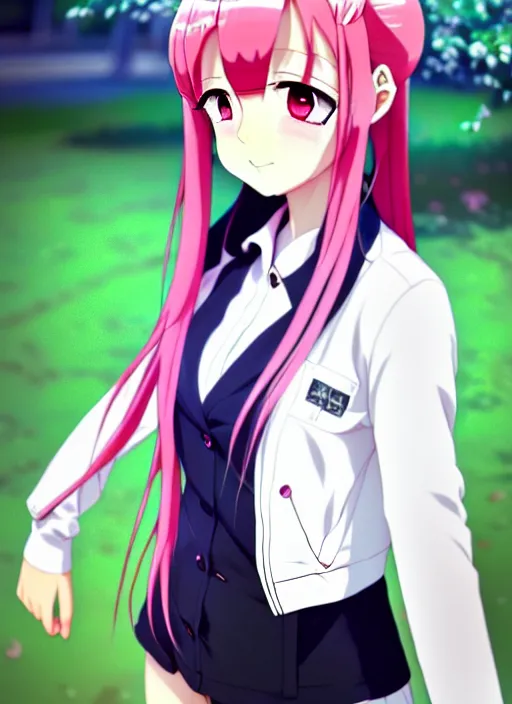 Prompt: anime portrait of ssunbiki as a beautiful woman, pink hair, wearing white polo and dark jacket, park background, bokeh, ilya kuvshinov, anime, pixiv top monthly, trending on artstation, cinematic, danbooru, zerochan art, kyoto animation