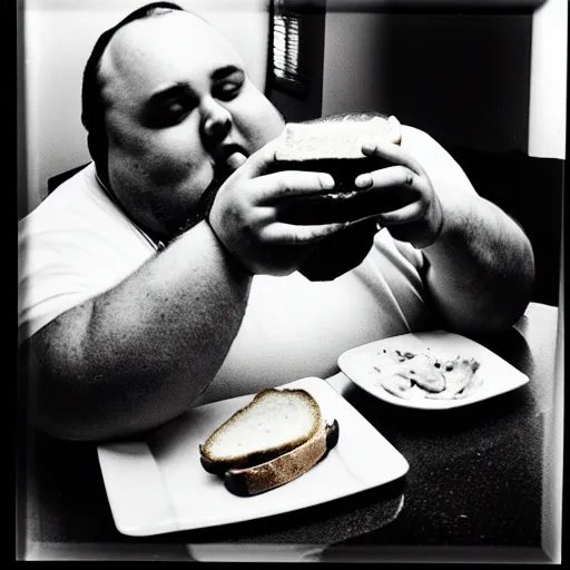 Prompt: a black and white film photograph of a fat man eating a sandwich. holga, lomo, lomography, retro, toy camera, film, tri - x, plus - x, vintage