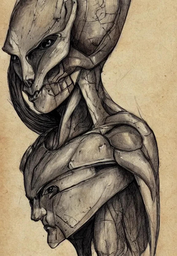 Image similar to fantasy, symmetrical beautiful human face, female humanoid creature, vascularity, plant armour, shell head piece, muscular, large cute anime eyes, stylised, torso and head, bust, diagram, sketchbook, greys anatomy book, sketches, on old distressed parchment paper, watercolour, by brian froud