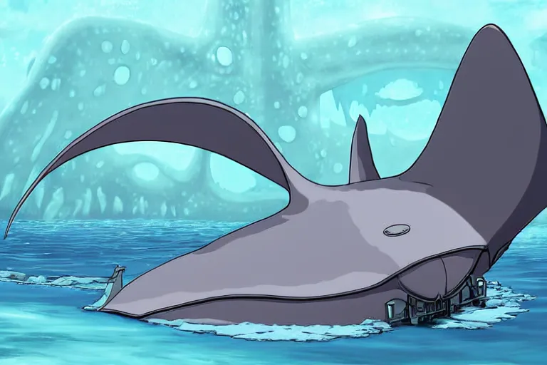 Prompt: cell shaded cartoon of a giant lovecraftian mechanized grey manta ray from howl's moving castle ( 2 0 0 4 ), in an icy river, full body, wide shot, very muted colors, post grunge, studio ghibli, highly detailed, deviantart, art by artgem