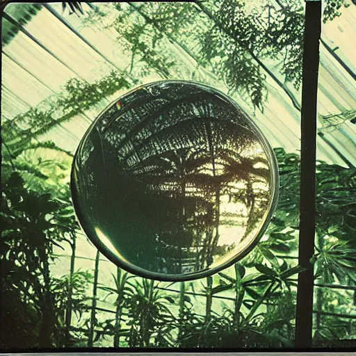 Prompt: grainy Polaroid film photograph of a highly reflective floating glass orb in a tropical greenhouse. super resolution. surreal. Extremely detailed. Polaroid 600 film. by Annie Leibovitz and Richard Avedon