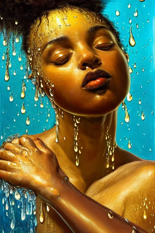 Image similar to hyperrealistic precisionist cinematic profile very expressive! oshun goddess, in water! john everett millais, mirror dripping droplet!, gold flowers, highly detailed face, digital art masterpiece, smooth eric zener cam de leon, dramatic pearlescent turquoise light on one side, low angle uhd 8 k, shallow depth of field