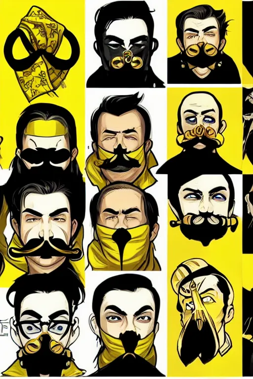 Image similar to saints street gang wear yellow bandanas, and some of them have thick mustaches, full body portrait, artgrem, illustration, concept art, pop art style, dynamic comparison, fantasy, bioshock art style, gta chinatowon art style, hyper realistic, face and body features, without duplication noise, hyperdetails, differentiation, sharp focus, intricate