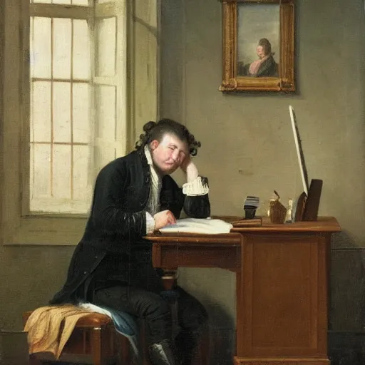 Prompt: 18th century painting of a man sitting at his desk, frustrated with his computer, oil painting, very detailed, 4k